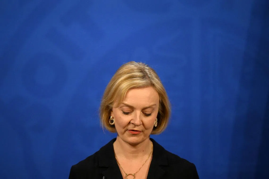 British Prime Minister Liz Truss at a news conference in London, Britain, Oct 14, 2022. 