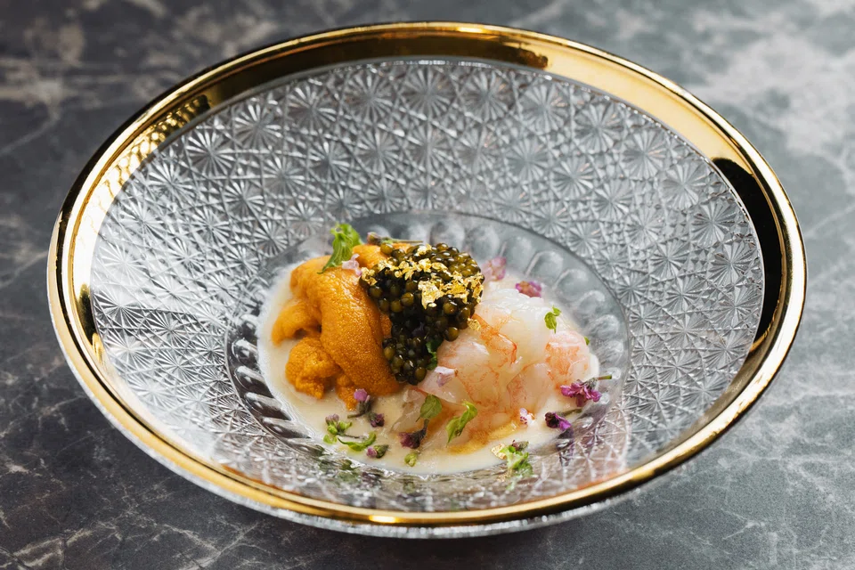 Star dish of uni, botan ebi and caviar.