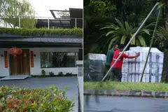 A GCB in Nassim Road (left) previously rented by alleged money laundering offender Su Baolin, and movers at Vang Shuiming's GCB in Bishopsgate on Oct 18. 