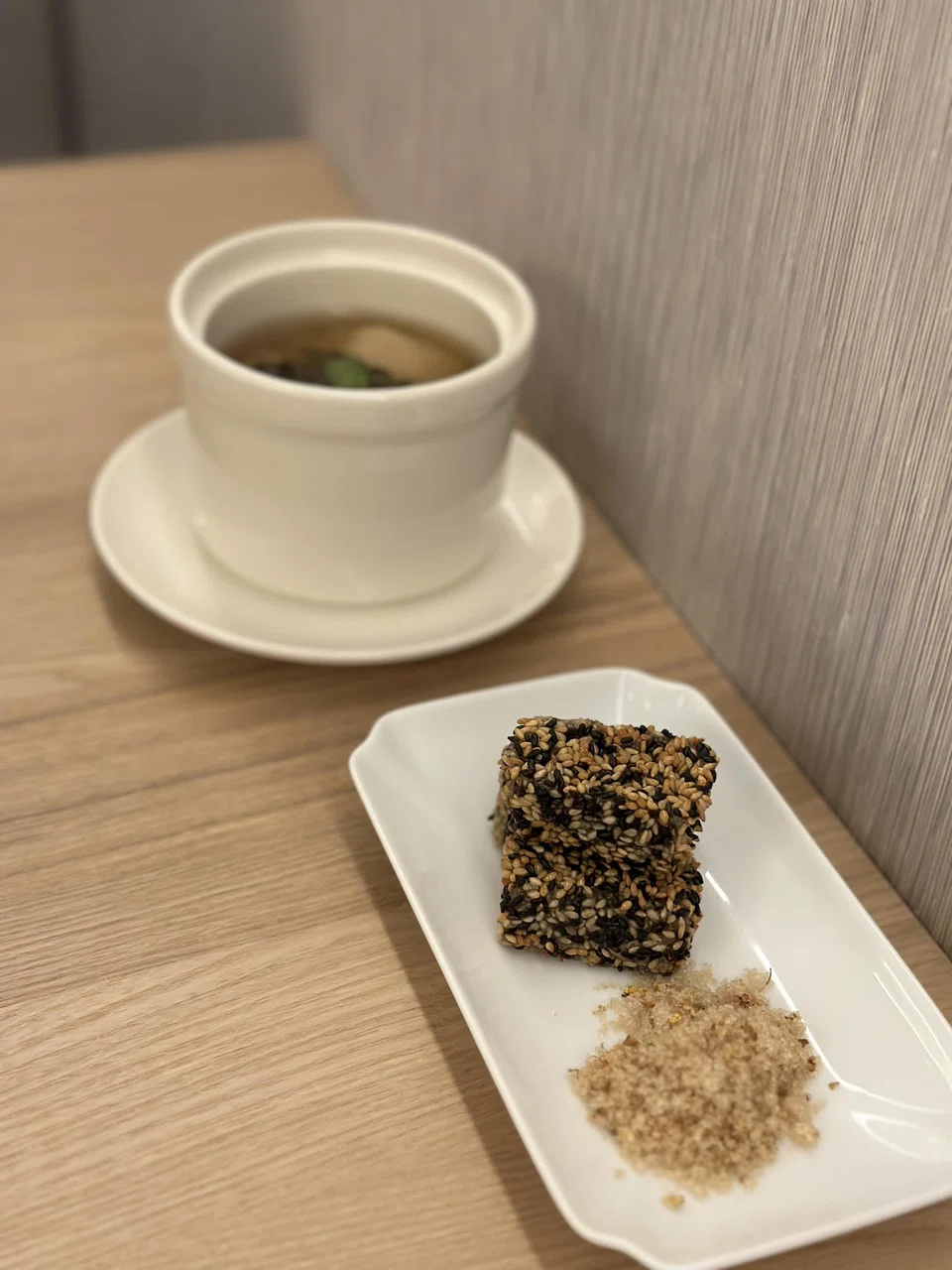 Double-boiled snow pear and black sesame mochi.