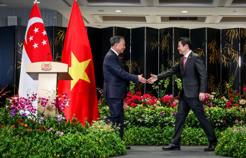 Prime Minister Lawrence Wong (right) and Communist Party of Vietnam General Secretary To Lam at Parliament House on Wednesday.