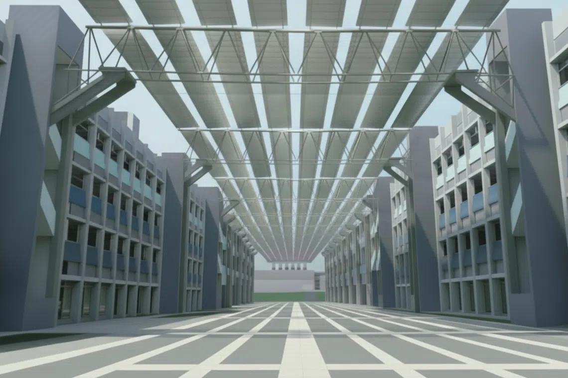 An illustration of a solar overhang structure. The planned photovoltaic system will be built across the spaces between multi-storey industrial buildings.