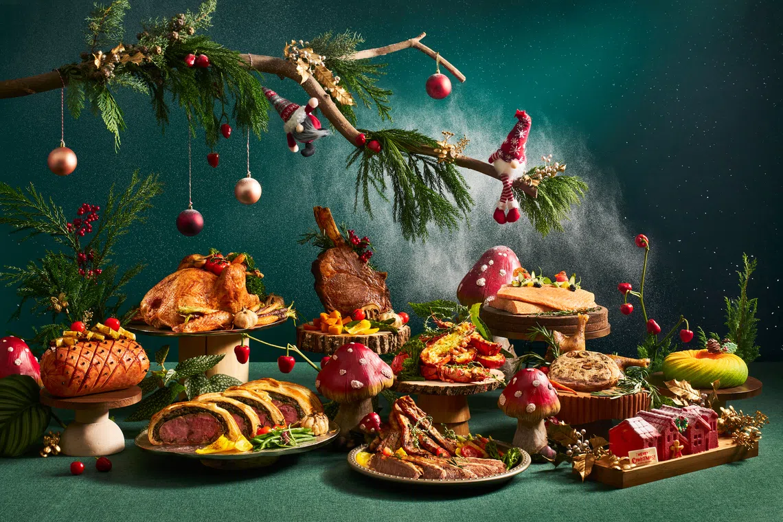 At Parkroyal Collection Marina Bay's Peppermint, festive feasts (from S$72 per adult) spotlight farm-to-table herbs, responsibly sourced seafood and succulent applewood-grilled meats.