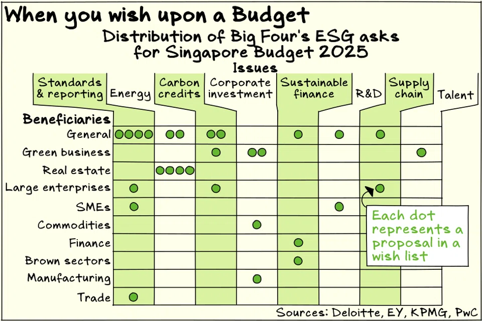 The accounting Big Four’s wishlists for the 2025 Singapore Budget suggest widespread demand for clearer rules on sustainability.