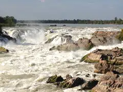 The 4,180-km Mekong River rises on the Tibetan plateau and flows through China and along the Myanmar-Laos and Laos-Thailand borders before passing through Cambodia and southern Vietnam into the South China Sea.