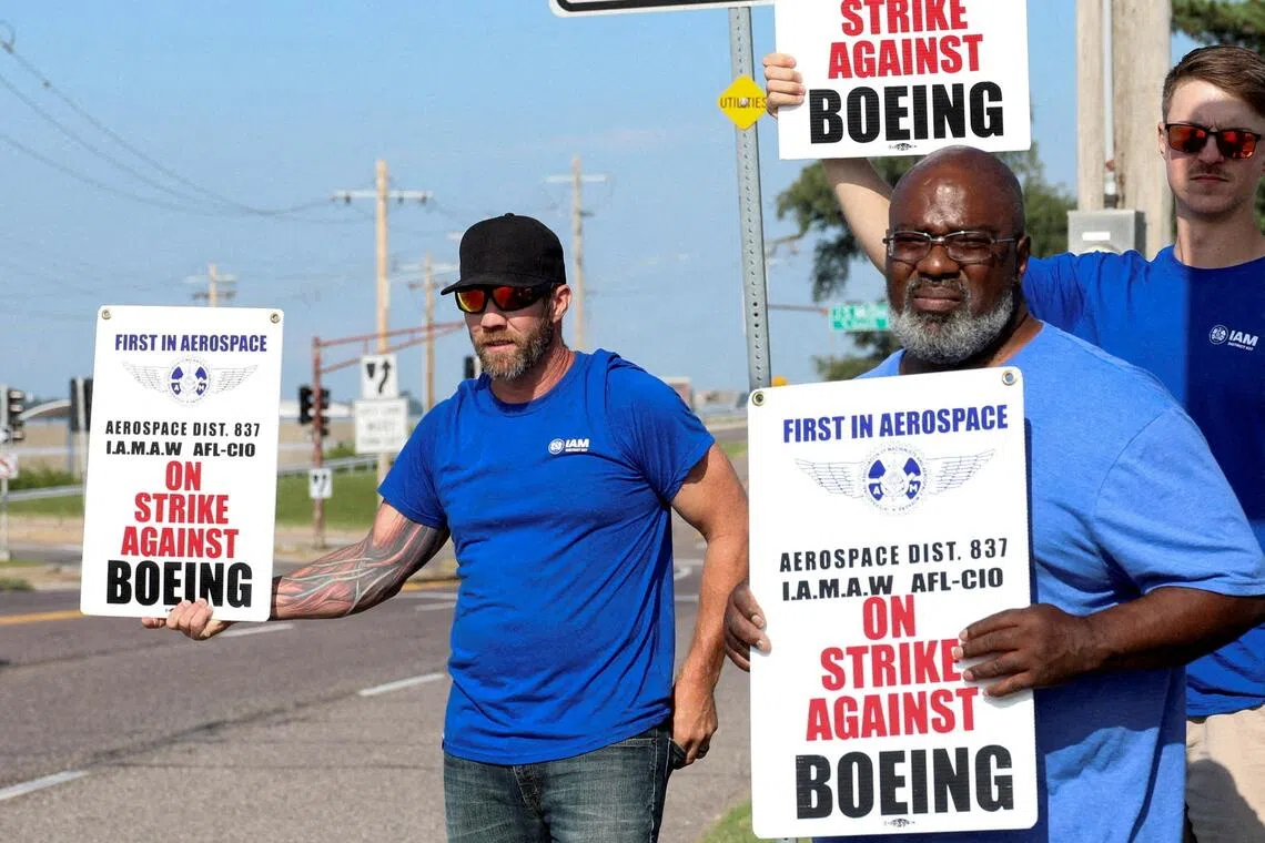 Boeing defence workers on strike outside the company's facility, Berkeley, Missouri, Aug 4, 2025. More than 3,000 workers voted to reject the company's latest offer.