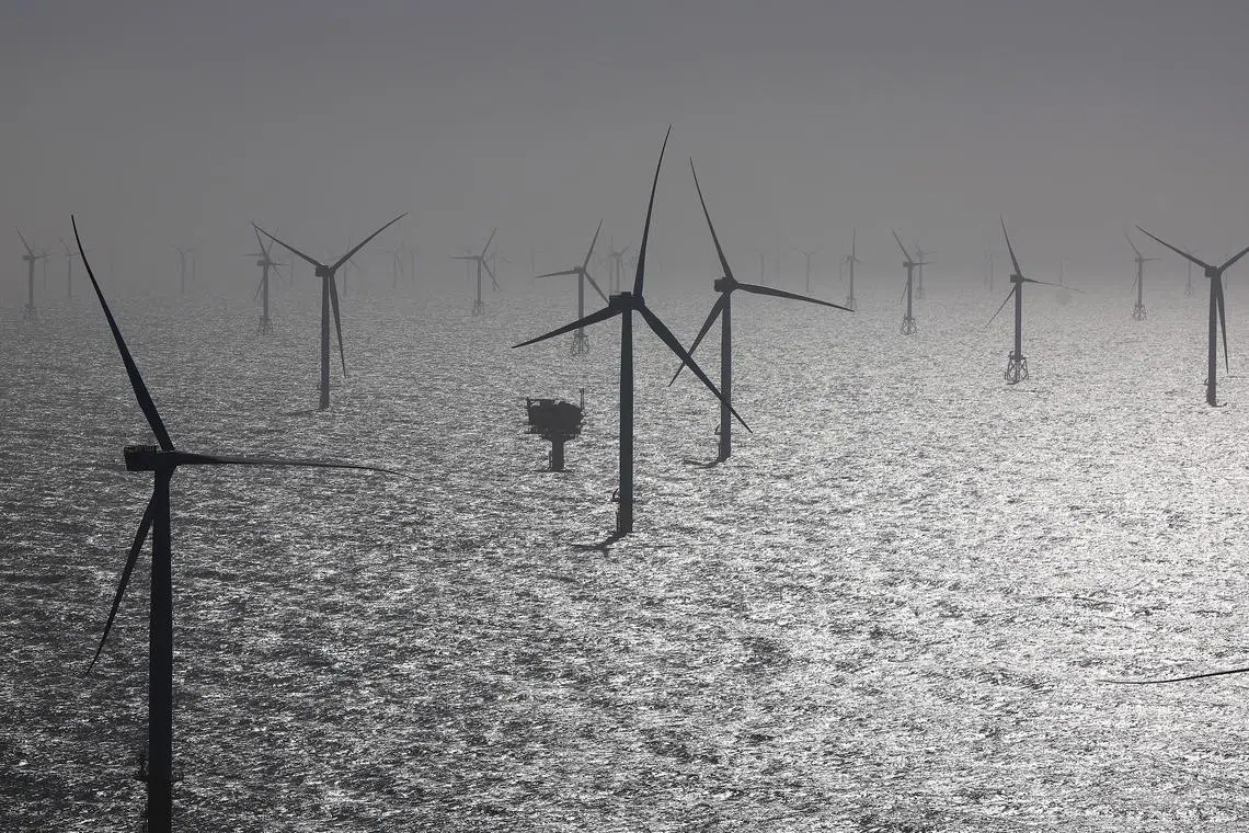 Wind turbines, including some from RWE's new Kaskasi offshore wind farm, are pictured during the opening of the RWE-Offshore-Windpark Kaskasi, north of Helgoland, Germany, March 23, 2023.    Christian Charisius/Pool via REUTERS