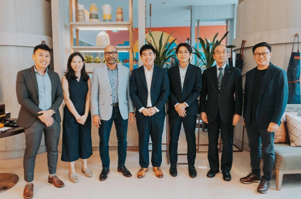 (From left) Derek Neo, deputy general manager of Seeds Capital; Tan Kai Xin, general manager of Seeds Capital; Dr Nirdesh Gupta, CEO of Coronet Ventures;  Adrian Ang, CEO of Aevice Health; Rex Tan, CTO of Aevice Health; Masatake Eto, senior adviser, A&D, Willson Cuaca, co-founder and managing partner of East Ventures.