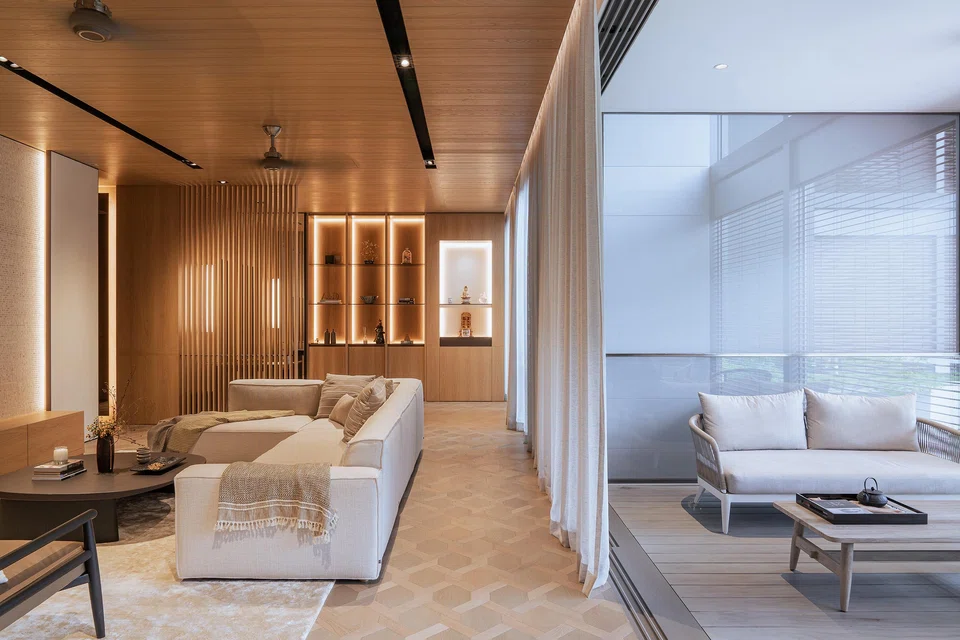 New shelves and cabinetry in the parents’ living area allow them to showcase objects.