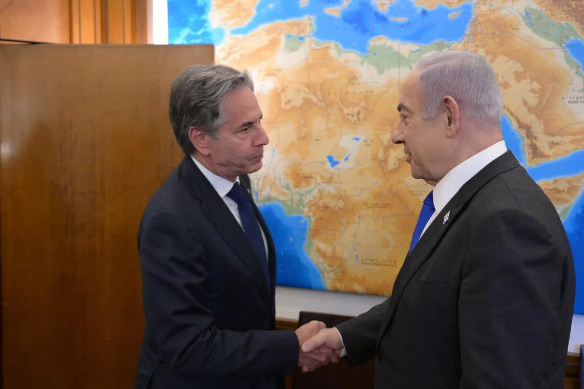 Israeli Prime Minister Benjamin Netanyahu (right) welcoming US Secretary of State Antony Blinken during a meeting in Jerusalem, June 10, 2024. 