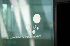 A photo taken on July 13, 2020 shows the company's logo on the headquarters of Danish biotechnology company Bavarian Nordic in Hellerup, north of Copenhagen. - As the lone laboratory manufacturing a licensed vaccine against monkeypox, Danish company Bavarian Nordic has seen its order book fill up as the usually rare disease spreads around the world. (Photo by Liselotte Sabroe / Ritzau Scanpix / AFP) / Denmark OUT