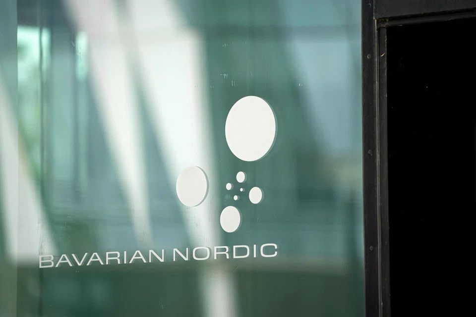 A photo taken on July 13, 2020 shows the company's logo on the headquarters of Danish biotechnology company Bavarian Nordic in Hellerup, north of Copenhagen. - As the lone laboratory manufacturing a licensed vaccine against monkeypox, Danish company Bavarian Nordic has seen its order book fill up as the usually rare disease spreads around the world. (Photo by Liselotte Sabroe / Ritzau Scanpix / AFP) / Denmark OUT