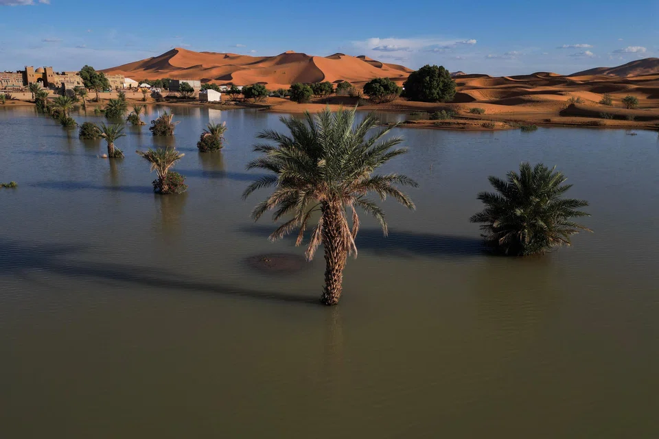 In Merzouga, an attractive tourist town some 600 km south-east of the capital Rabat, the once-parched golden dunes are now dotted with replenished ponds and lakes.