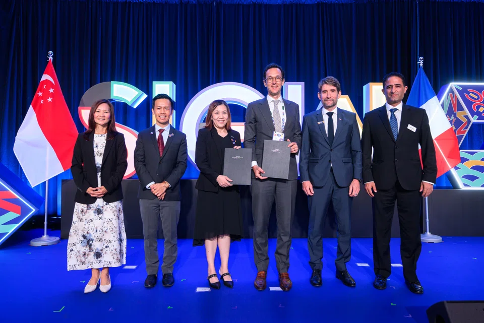 From left: Cindy Lim, CEO of Keppel’s infrastructure division; Keith Tan, deputy secretary for industry, energy and carbon;  Janice Bong, Keppel's managing director, power and renewables, infrastructure; Guillaume Servajean, chief commercial officer for Global LNG, supply and energy management, Engie; Stephen Marchisio, ambassador of France to Singapore; Varun Gujral, country manager for South-east Asia and CEO of supply and energy management for Asia-Pacific for Engie.