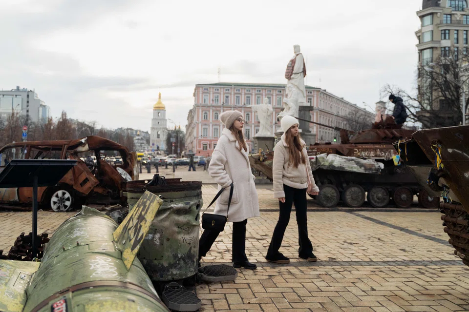 An open-air exhibition of destroyed Russian military vehicles in Kyiv. While enthusiasm for sending Ukraine aid has waned, popular majorities in almost every European country still favour continuing support for Ukraine.