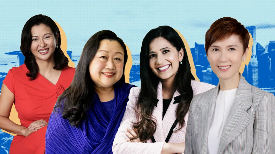 A video thumbnail from Feon Ang's (extreme left) new video series called "At The Table", with its first episode featuring (from right):  Minister for Communications and Information Josephine Teo; Roshni Cheung, and Georgette Tan. 