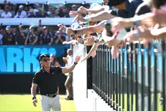 LIV Golf CEO Greg Norman greets spectators during the final round of LIV Golf Adelaide in Australia on Apr 28.