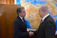 Israeli Prime Minister Benjamin Netanyahu (right) welcoming US Secretary of State Antony Blinken during a meeting in Jerusalem, June 10, 2024. 