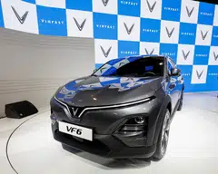 The new VinFast VF 6 at India's auto show in New Delhi; the company not disclose pricing for the VF6 and VF7 cars that it plans to launch in India.