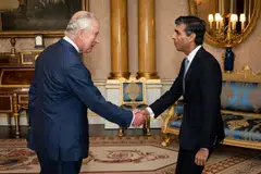 Britain's King Charles III greets newly appointed Conservative Party leader and incoming prime minister Rishi Sunak during an audience at Buckingham Palace in London on Oct 25, 2022.