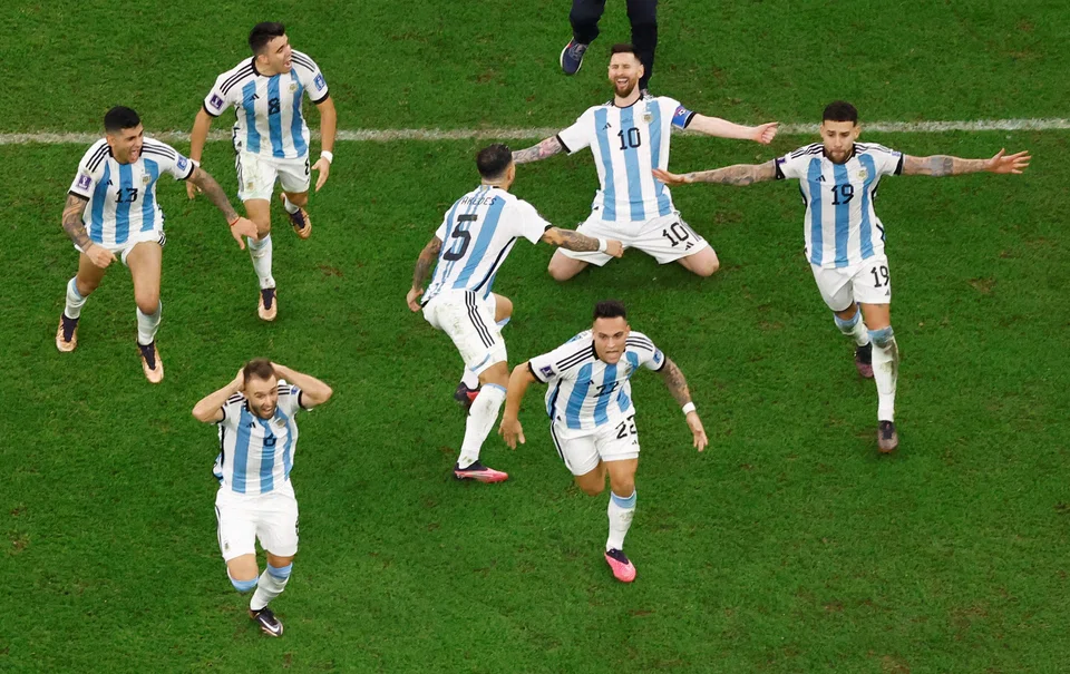 Argentina's Lionel Messi (jersey No 10) and his teammates celebrate winning the Fifa World Cup on Dec 18, 2022 after outlasting France in a tense penalty shoot-out.