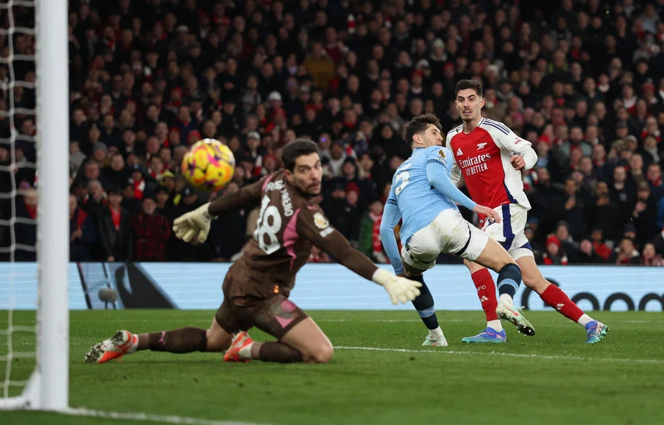 Arsenal's Kai Havertz scores their fourth goal against Manchester City at the Emirates Stadium in London, Britain, Feb 2, 2025.
