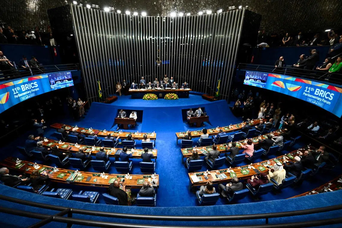 The opening session of the 11th Brics Parliamentary Forum in Brasilia, Brazil, on Jun 4. The bloc's leaders are preparing to meet for a two-day summit in Brazil on Jul 6.