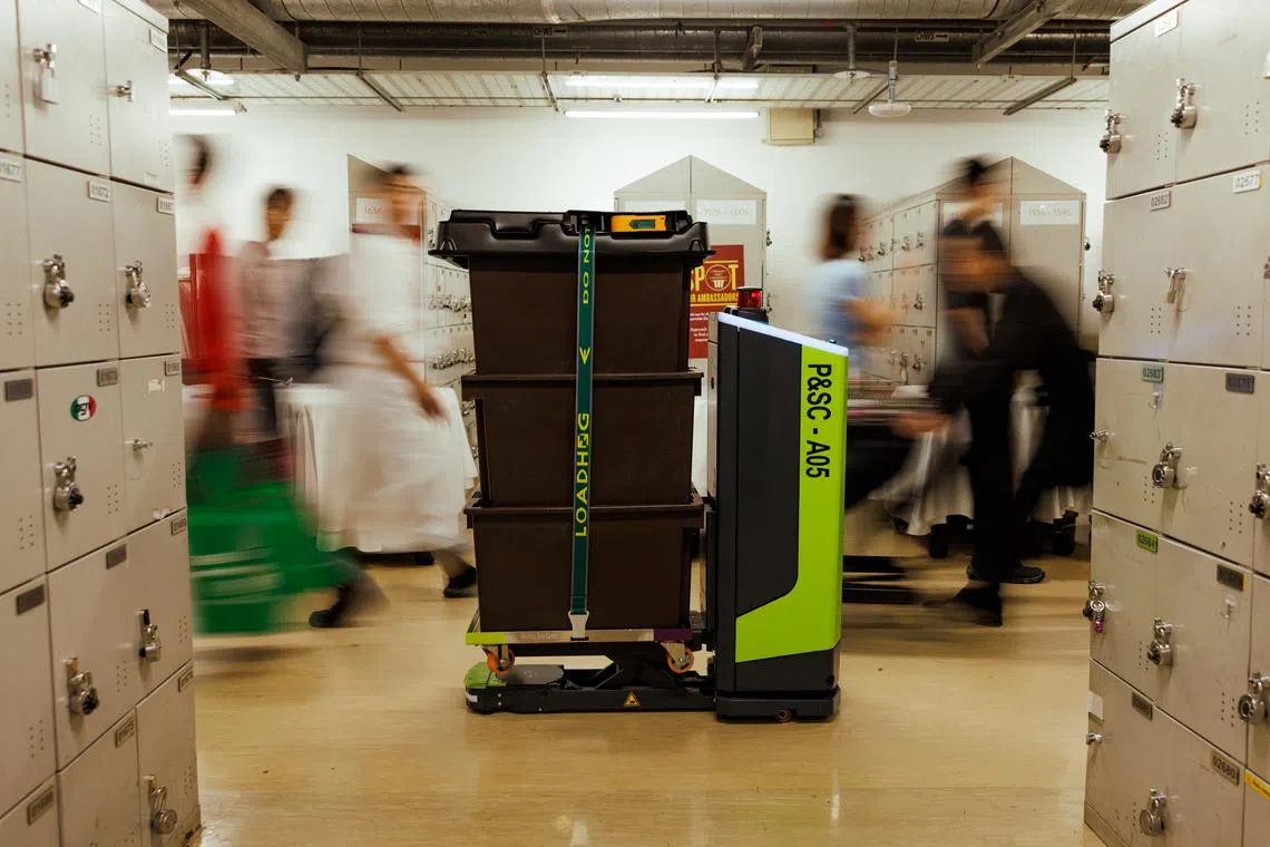 Each autonomous mobile robot can carry up to 300 kilograms and travels at a speed of up to 84 metres per minute.