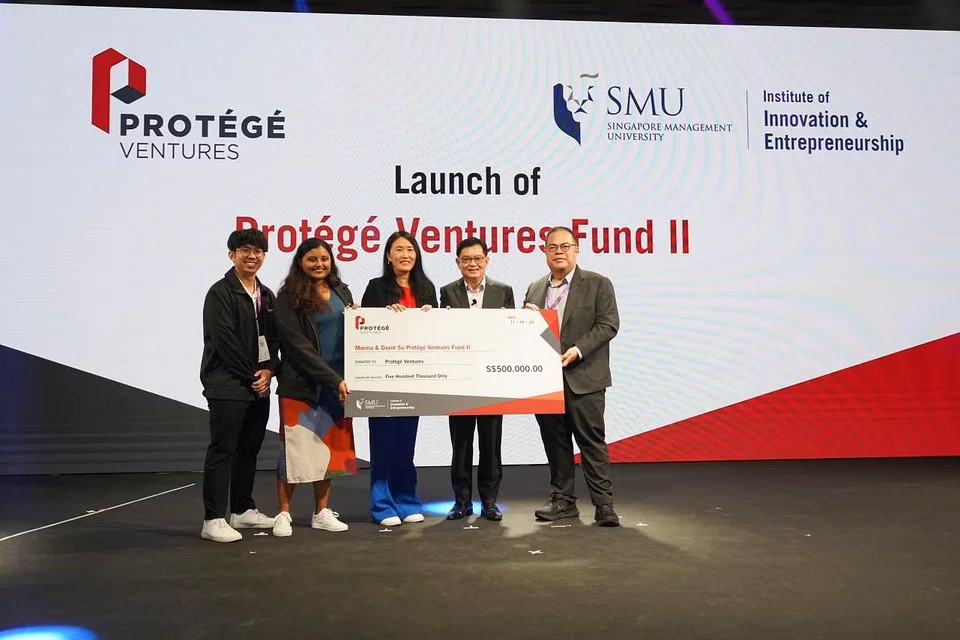 Deputy Prime Minister Heng Swee Keat (second from right) with (from left) Protege Ventures managing partners Sherwin Ng and Anaanya Bijay; SMU's VP of partnerships and engagement Lim Sun Sun; and Matrix Partners China founding managing partner David Su. 