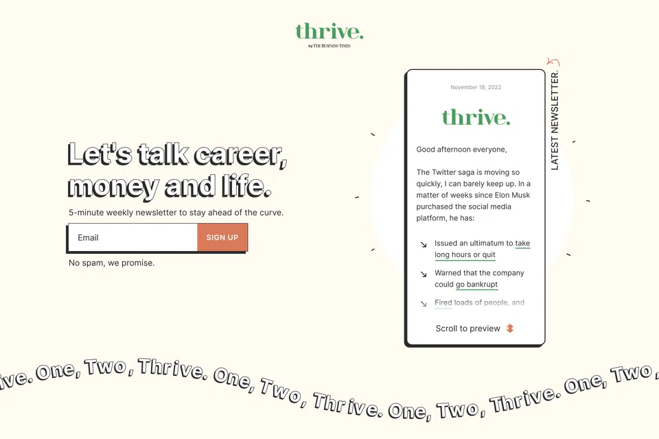 Sign-up page for the Thrive newsletter, which will provide weekly advice on career, money and life. Find out more at bt.sg/thrive.