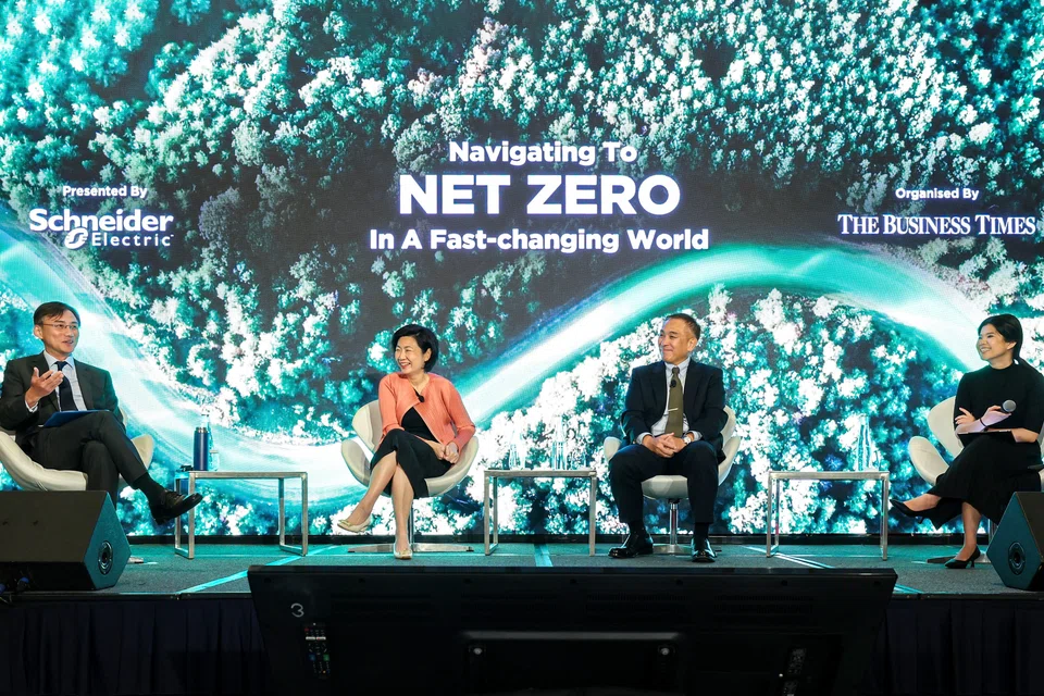 The roundtable panel (from left): Mike Ng, head of sustainability office, global wholesale banking, OCBC;  Thien Kwee Eng, CEO, Sentosa Development Corporation; Yoon Young Kim, cluster president, Singapore, Malaysia and Brunei, Schneider Electric, and moderator, Janice Lim, correspondent, The Business Times.  