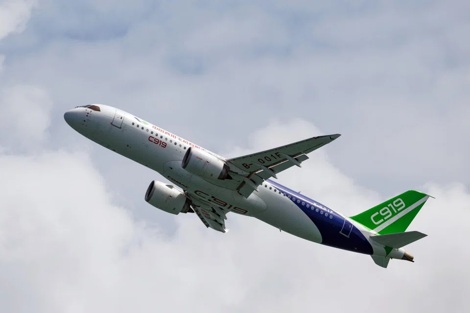 A Comac C919 aircraft at a flying display at the Singapore Airshow in Singapore. This narrow-body single-aisle plane is aimed at the fast-growing Asia-Pacific market.