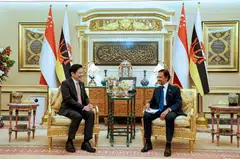 PM Lawrence Wong with Brunei Sultan Hassanal Bolkiah at the Istana Nurul Iman in Bandar Seri Begawan on Tuesday (Jun 11).