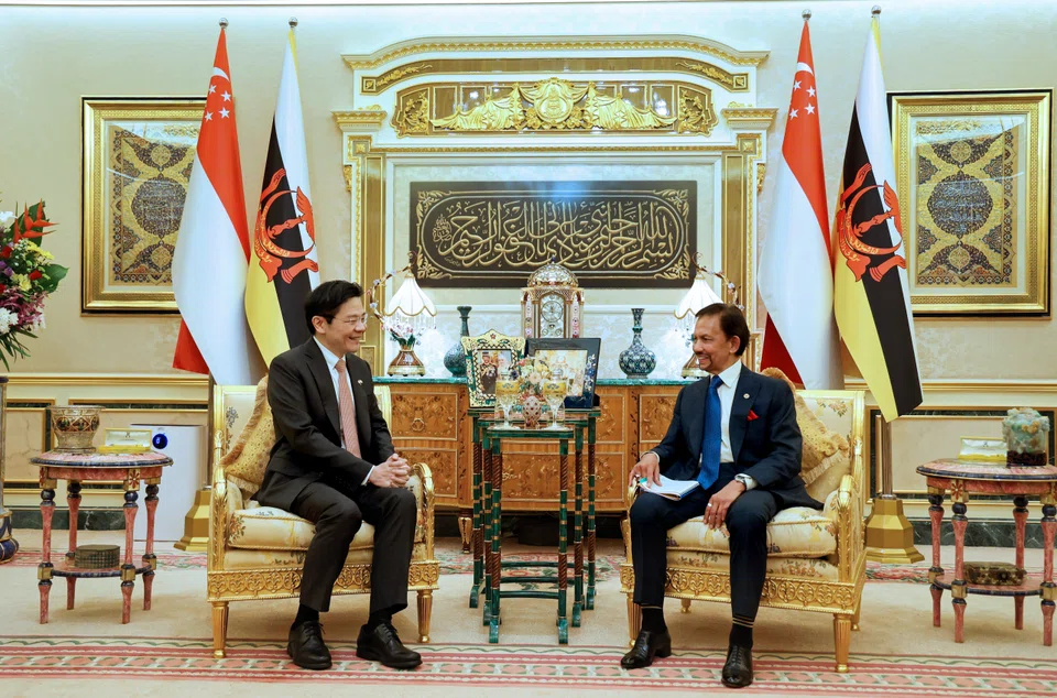 PM Lawrence Wong with Brunei Sultan Hassanal Bolkiah at the Istana Nurul Iman in Bandar Seri Begawan on Tuesday (Jun 11).