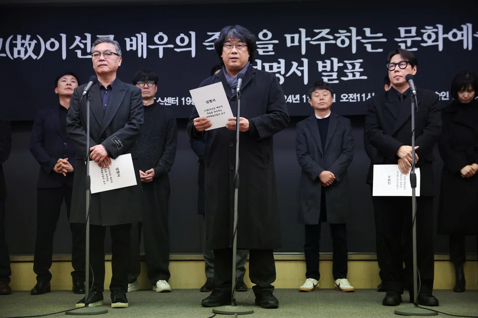 South Korean director Bong Joon-ho speaks during a press conference to call for protection of artists and an investigation into the death of actor Lee Sun-kyun.
