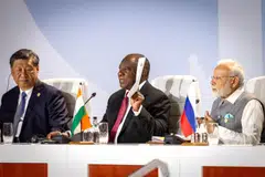 From left: Chinese President Xi Jinping, South African President Cyril Ramaphosa and Indian Prime Minister Narendra Modi at the 15th Brics Summit in South Africa this month. The bloc’s economies account for a quarter of global GDP.