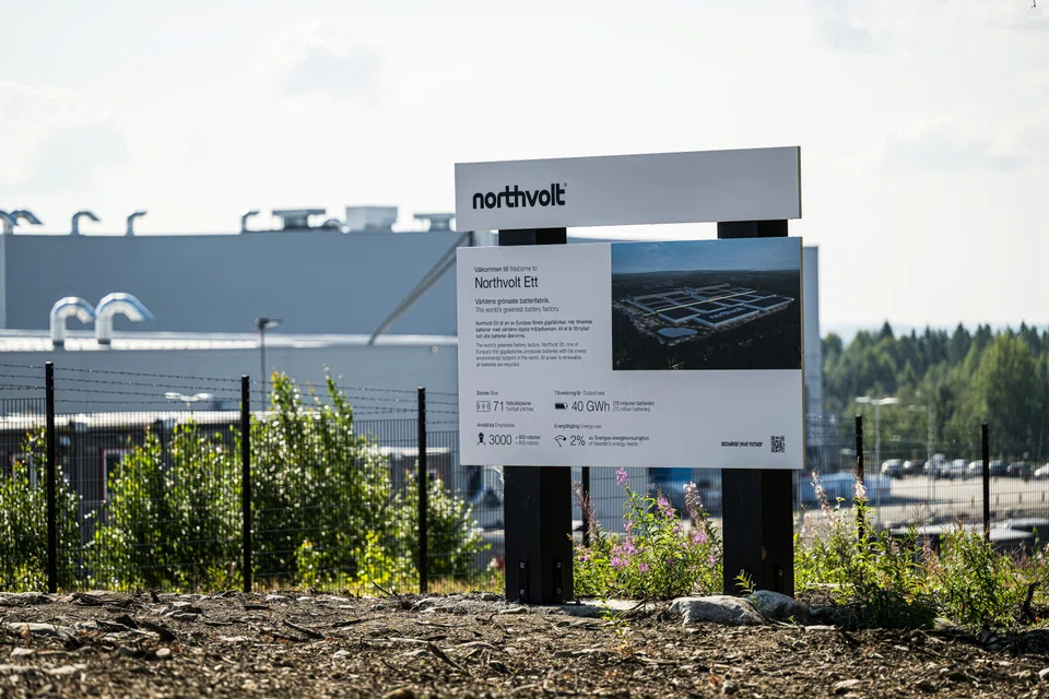 A sign in front of the Northvolt factory in Skelleftea, Sweden, Aug 2024.  