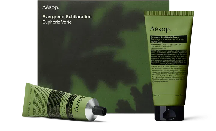 Aesop Evergreen Exhilaration set featuring Geranium Leaf Body Scrub and Body Balm, part of the Singapore collaboration with OTHER MATTER and Jessie French.