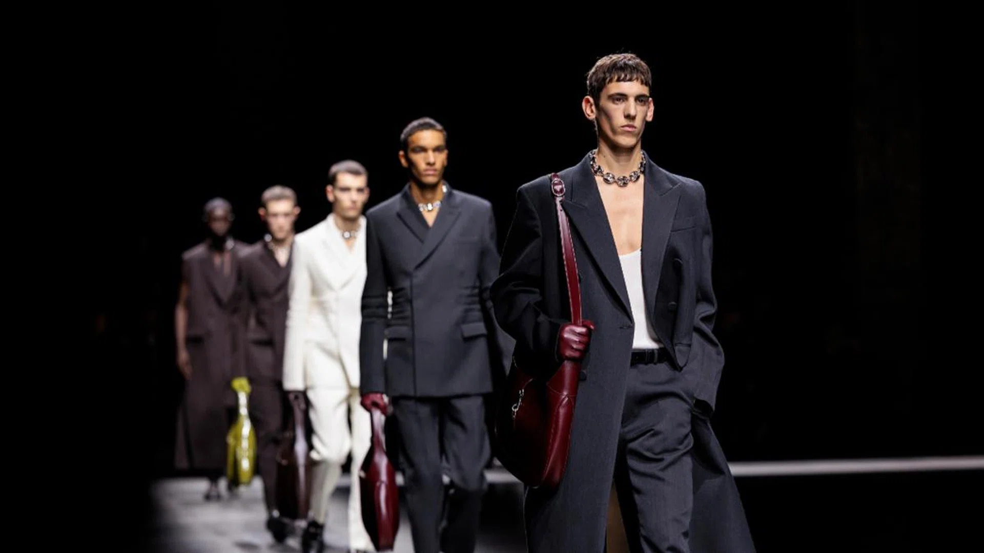 Gucci's Fall Winter 2024 mens collection mirrored the cool insouciance of the brand's Spring/Summer 2024 women's collection, both designed by the house's new creative director, Sabato De Sarno. Credit: Gucci