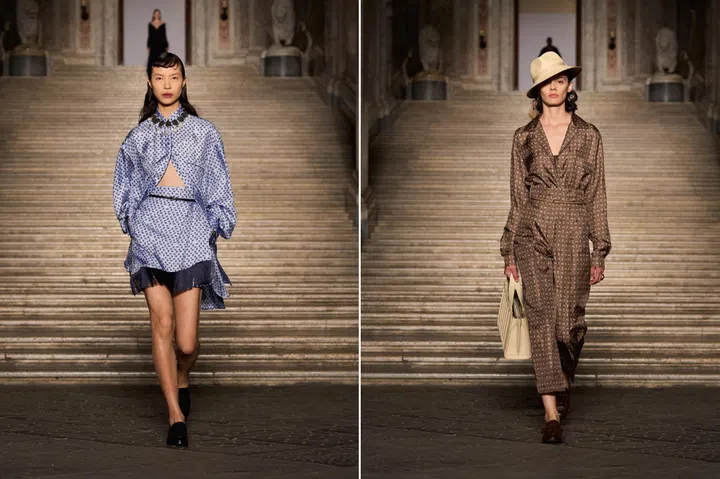 Archival cravat prints from 1951 make a quiet comeback — reimagined on slinky sets and soft tailoring with a sultry, undone ease. Credit: Max Mara