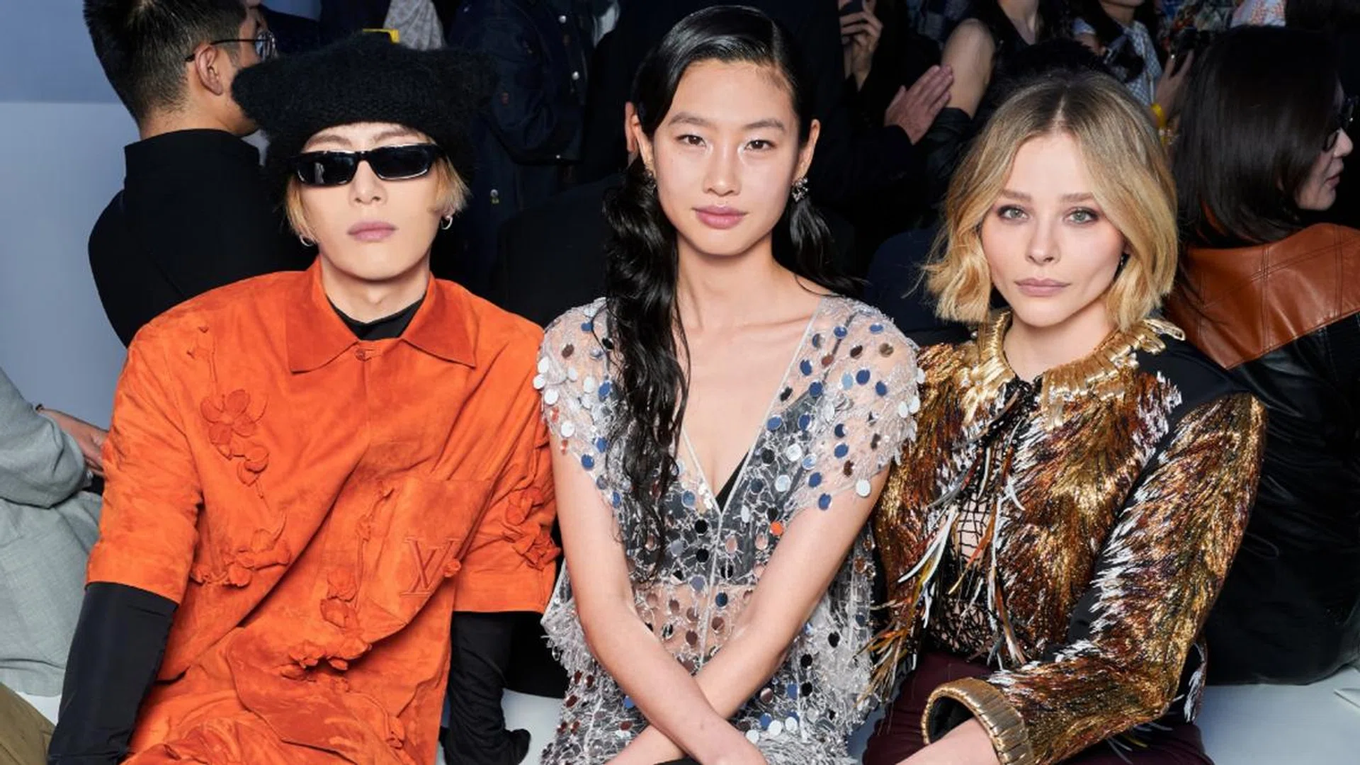 Jackson Wang, Hoyeon Jung and Chloe Grace Moretz at the Louis Vuitton Voyager show front row. Credit: Louis Vuitton