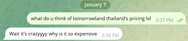 Whatsapp screenshot discussion on Tomorrowland Thailand
