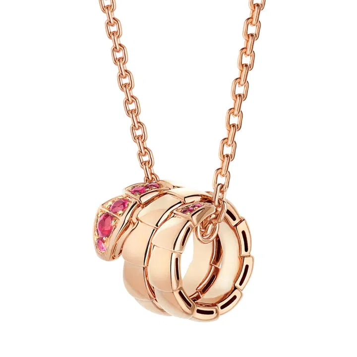 Serpenti Viper 18K rose gold necklace with rubies, $6,540, Bvlgari