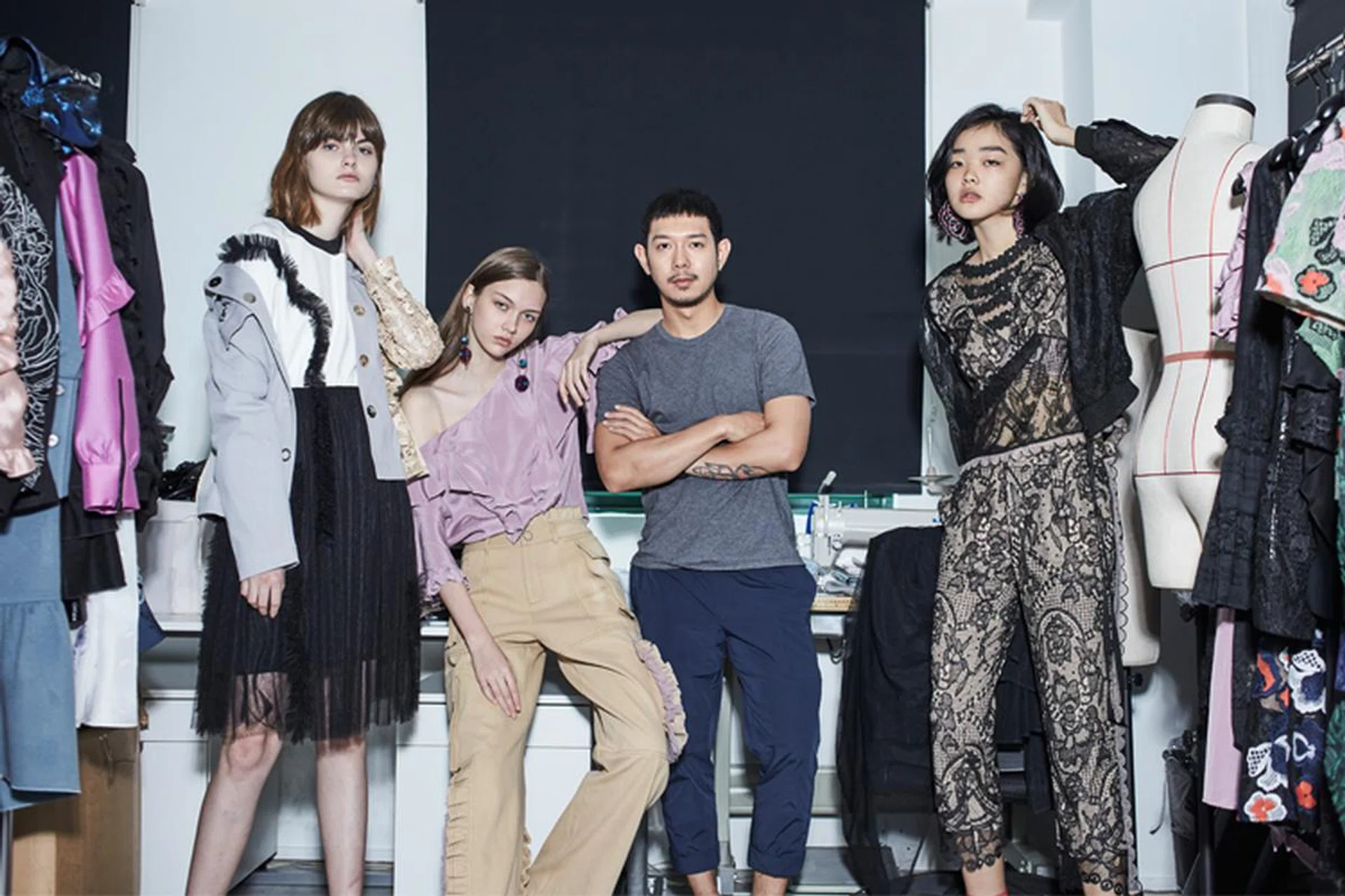 Daniel Ngoo (second from right) at his pre-Singapore Fashion Week 2017 show fitting for Whole9yard’s Jumanji-inspired S/S ’18 collection
