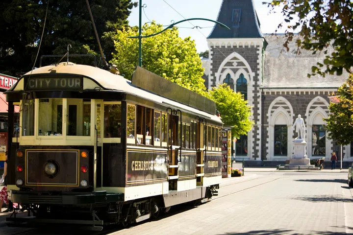 Cable car with Canterbury Museum in the background, Christchurch, New Zealand