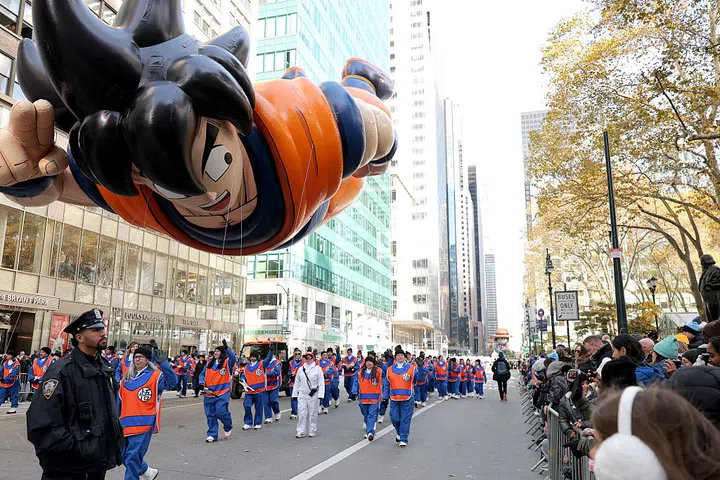 NEW YORK, NEW YORK - NOVEMBER 27: The Dragon Ball/Toei Animation balloon floats the route during 2025 Macy's Thanksgiving Day Parade on November 27, 2025 in New York City. (Photo by Michael Loccisano/Getty Images)