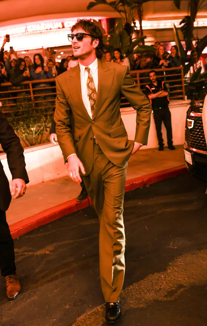 NEWPORT BEACH, CALIFORNIA - OCTOBER 16: Jacob Elordi arrives at the Newport Beach Film Festival Opening Night at Regal Edwards Big Newport & RPX on October 16, 2025 in Newport Beach, California. (Photo by Tiffany Rose/Getty Images for Newport Beach Film Festival)