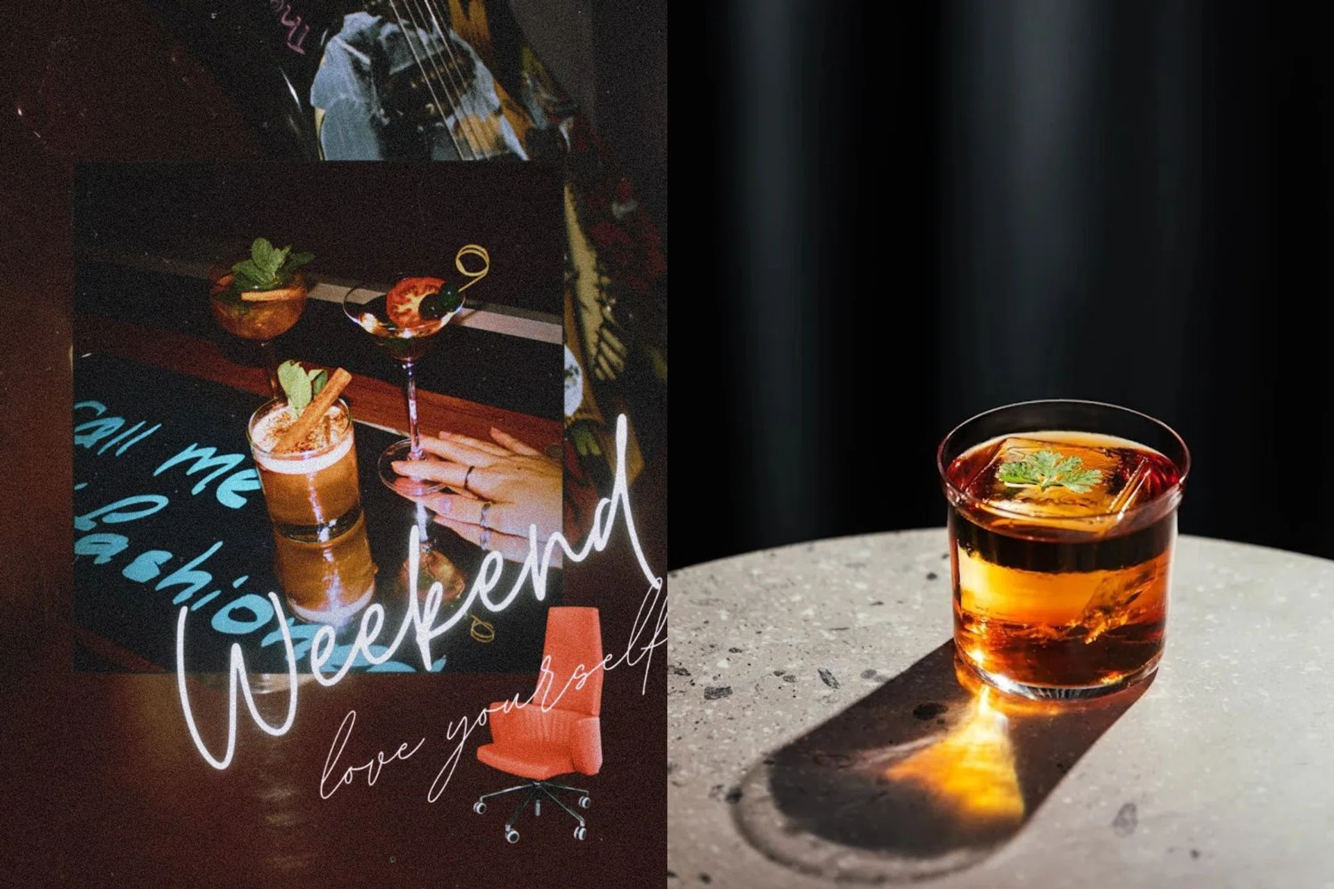 Cocktails on tables from The Cocktail Office; Cat Bite Club