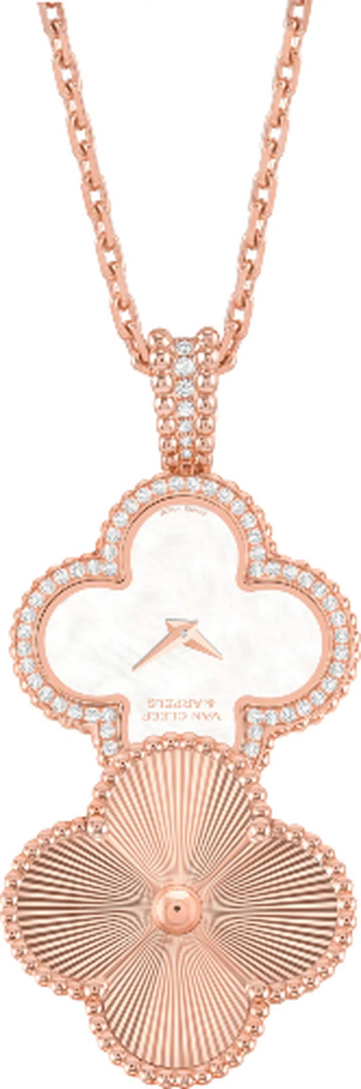 Alhambra secret pendant watch. 28.1 x 28.1 mm rose gold guilloché case; rose gold bezel, round diamonds; white mother-of-pearl dial; rose gold chain; quartz movement
