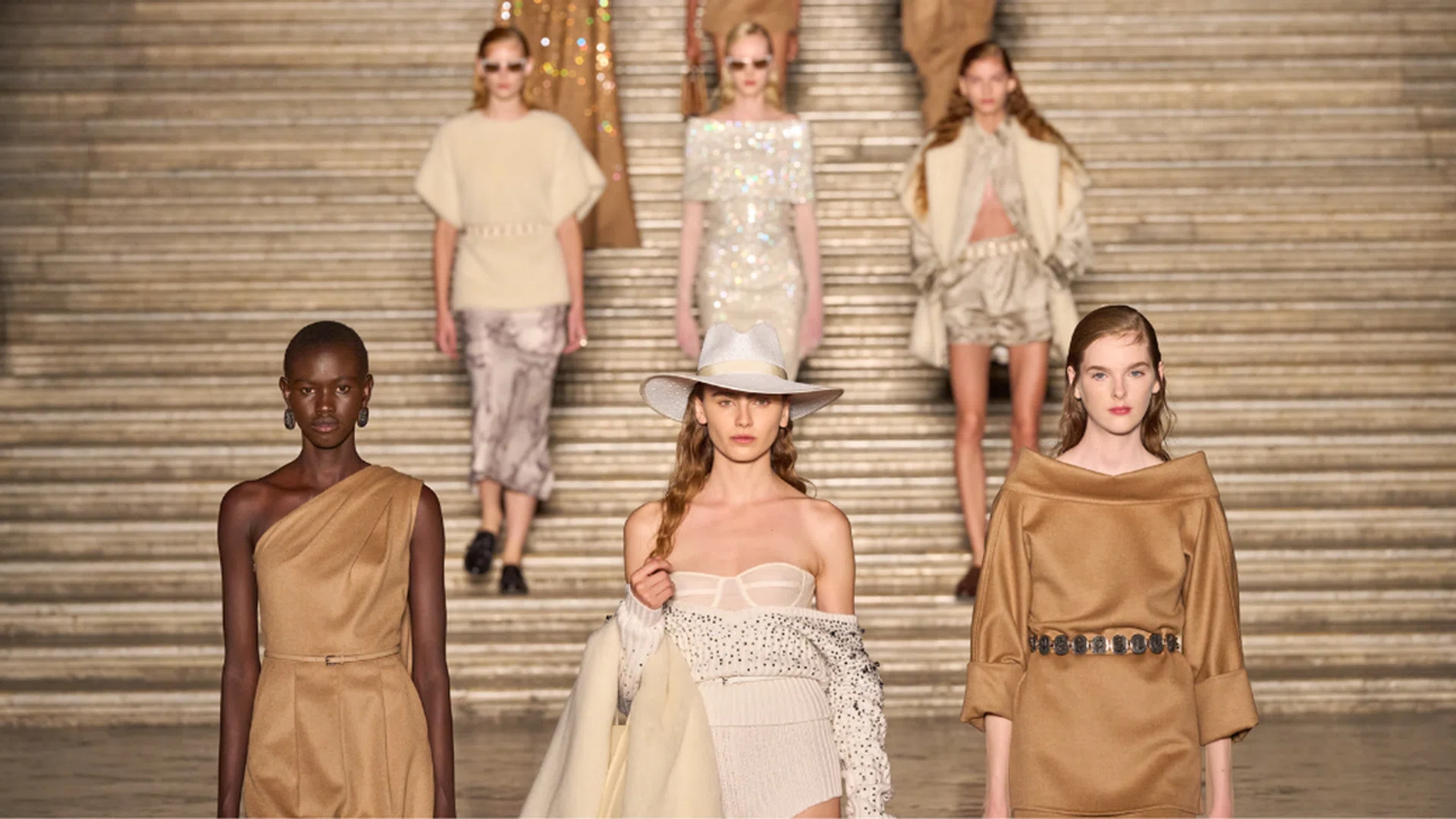 Max Mara brought modern Italian elegance to life at the Reggia di Caserta in Naples, blending cinematic glamour with timeless tailoring. Credit: Max Mara